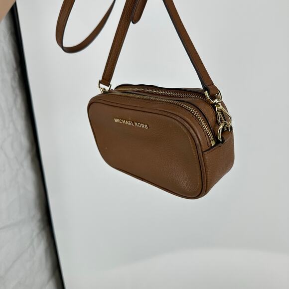 Michael Kors Double Zipper Jet Set Pebbled Leather Crossbody Bag Brown - Picture 3 of 15